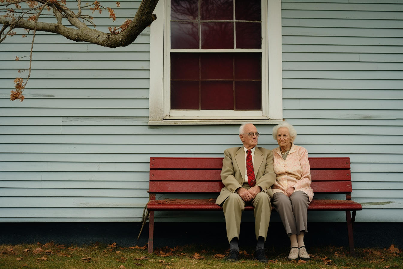 Happy elderly American couple sitting outside their house