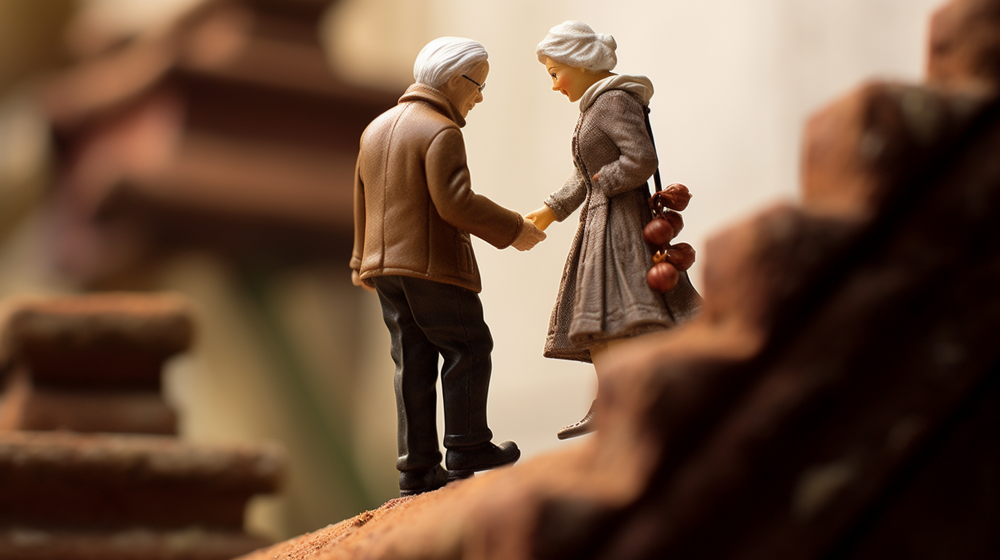 Elderly couple walking hand in hand on coin stairs