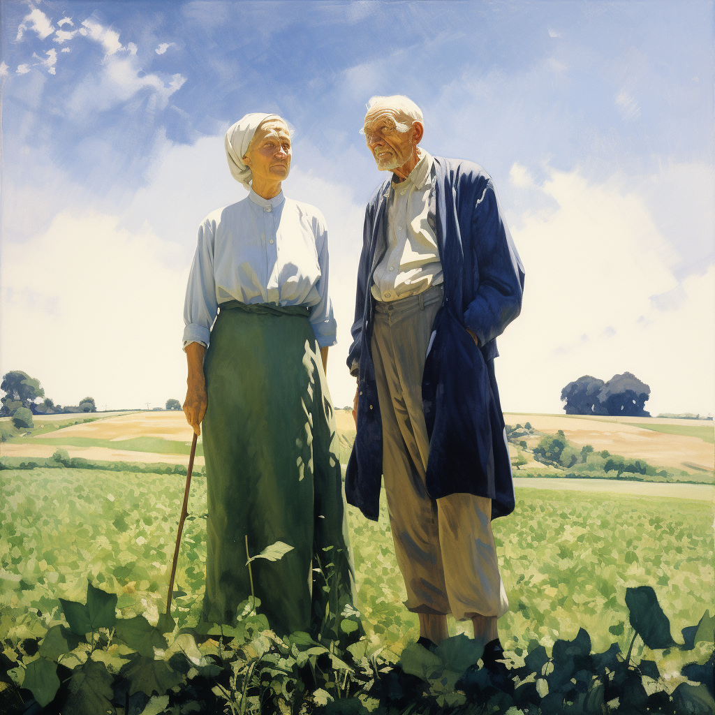 Illustration of elderly English couple in green field