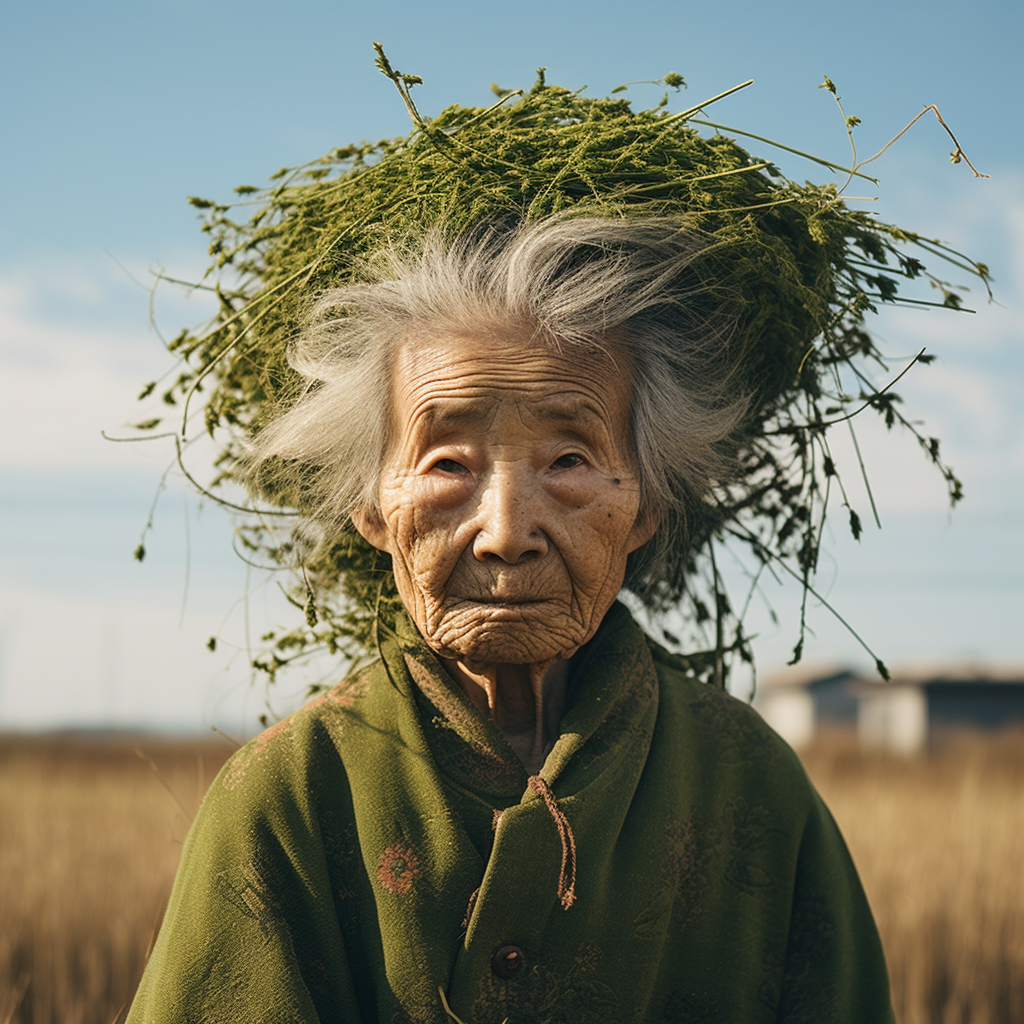 Smiling elderly woman with wild grassy eyebrows