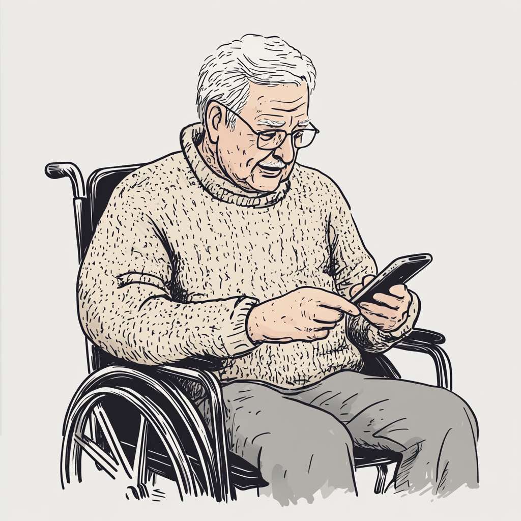 Elderly man wheelchair smartphone yes no