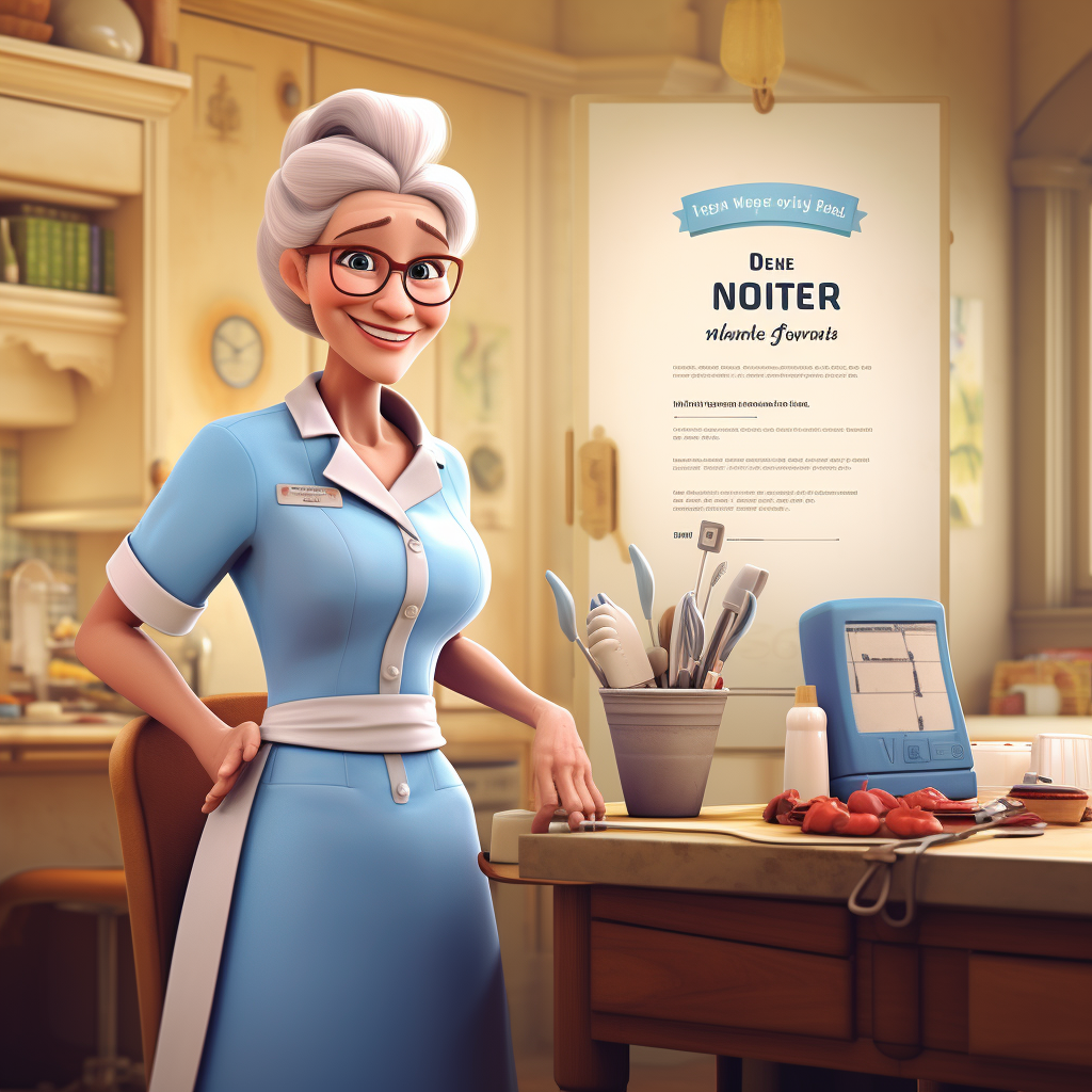 Smiling nurse caring for elderly in Disney Pixar style