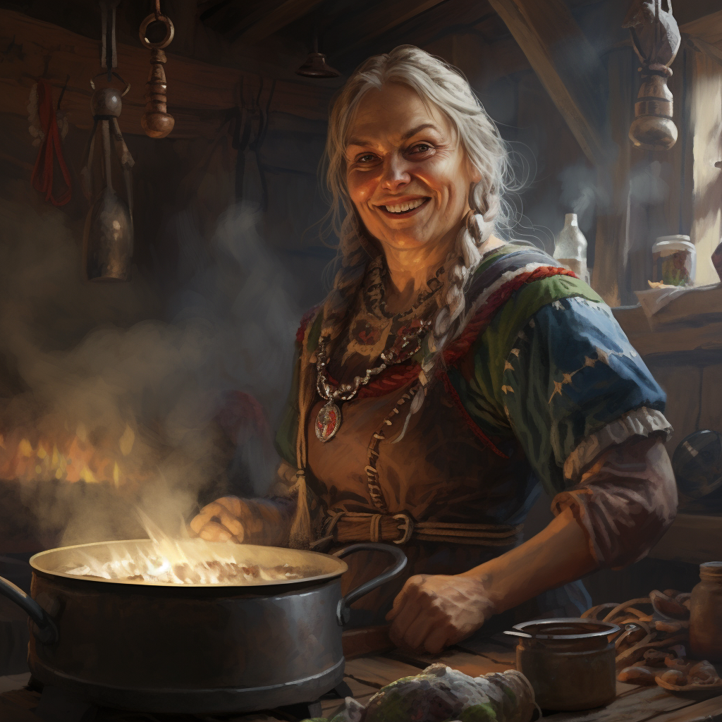 Smiling elderly Viking woman cooking stew