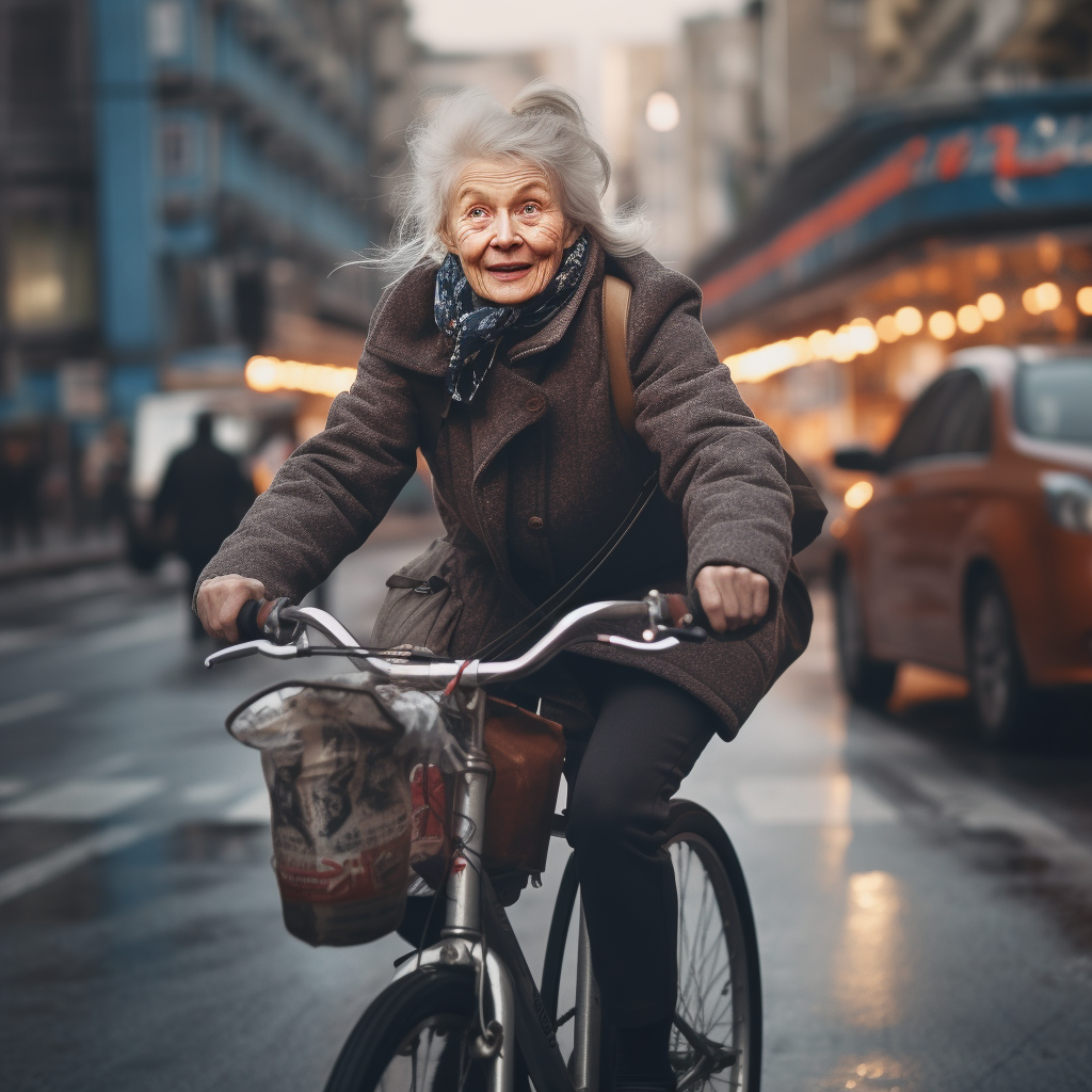 Elderly woman cycling through vibrant city streets