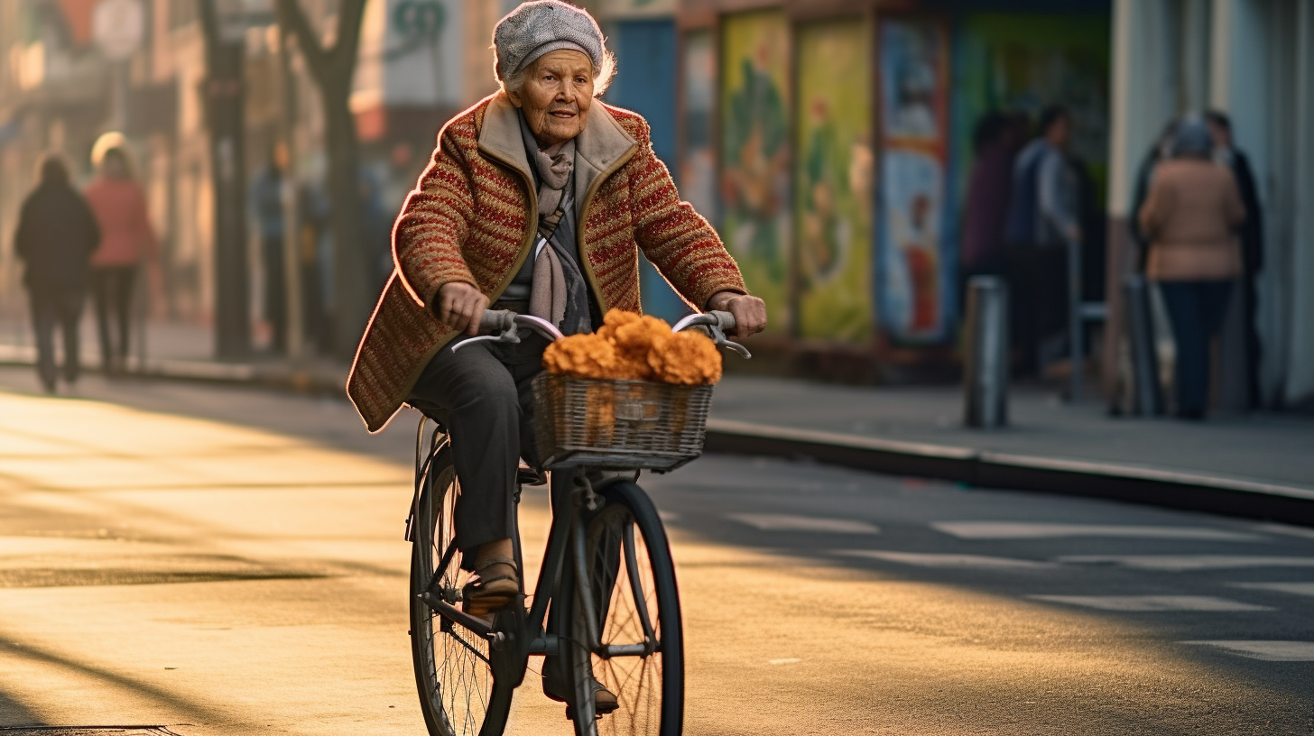 Elderly Woman on Bicycle in the City