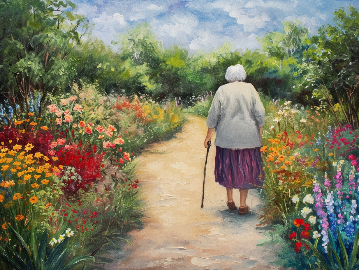 Elderly Woman Walking in Flowery Garden