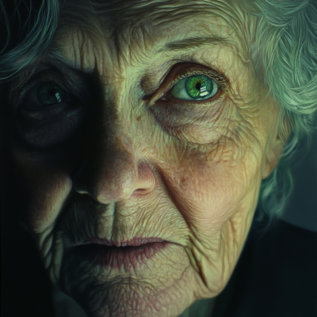 Elderly woman watching green monitor