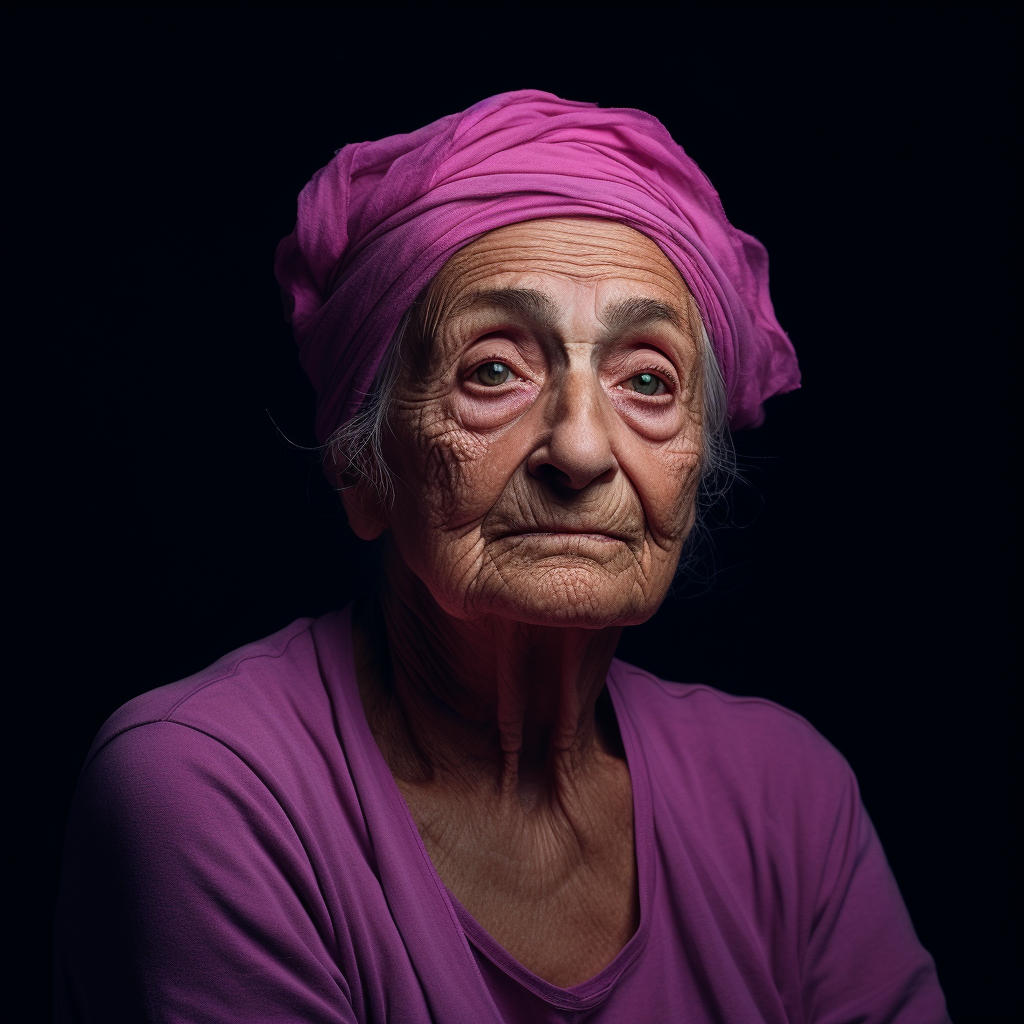 Elderly woman with vibrant pink hair on deep violet background