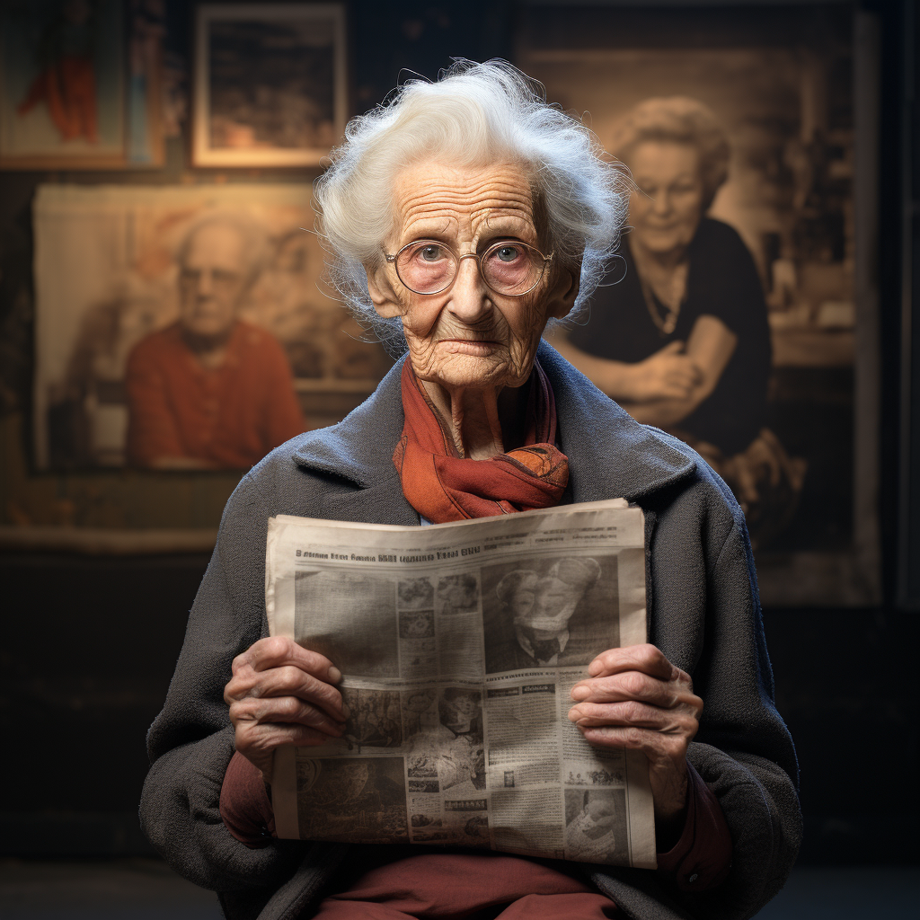 Elderly woman with Rolling Stone magazine in museum