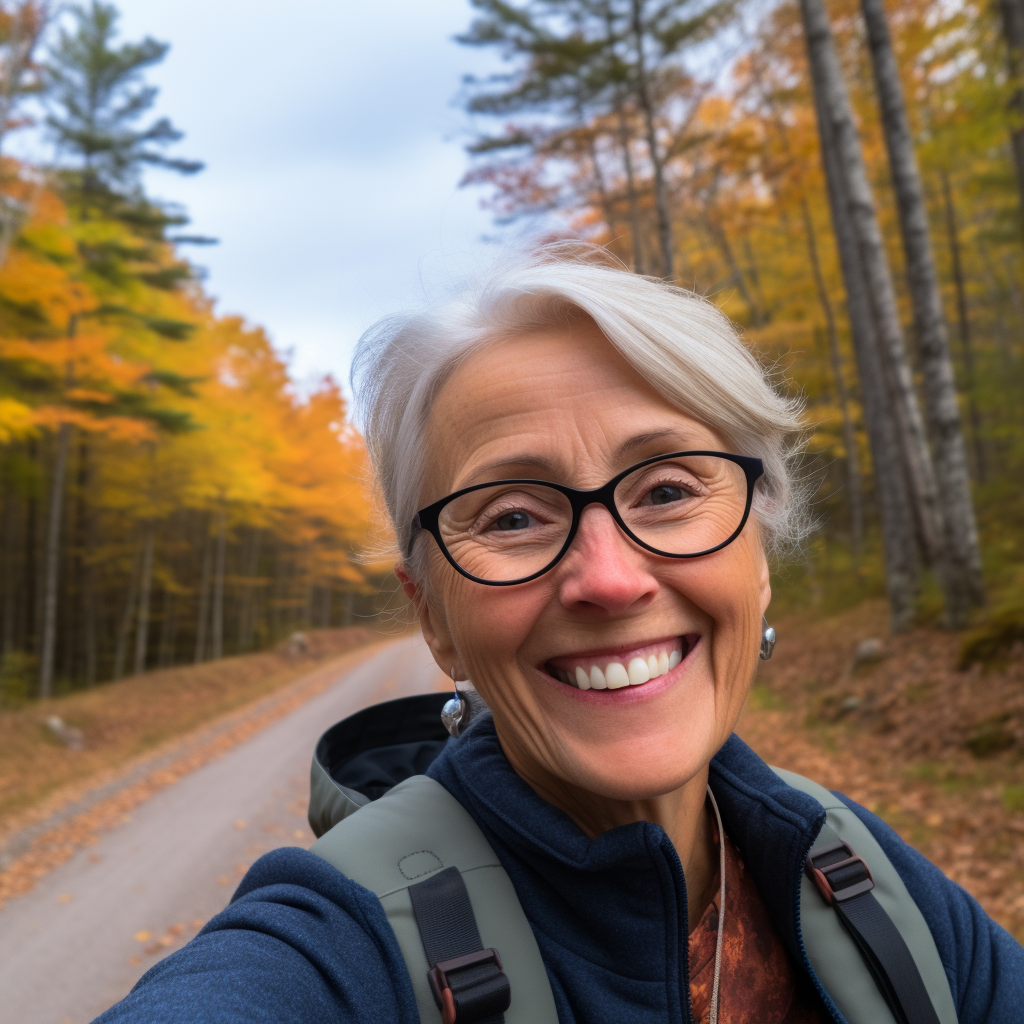 Eleanor, retired teacher, taking a selfie on a hike