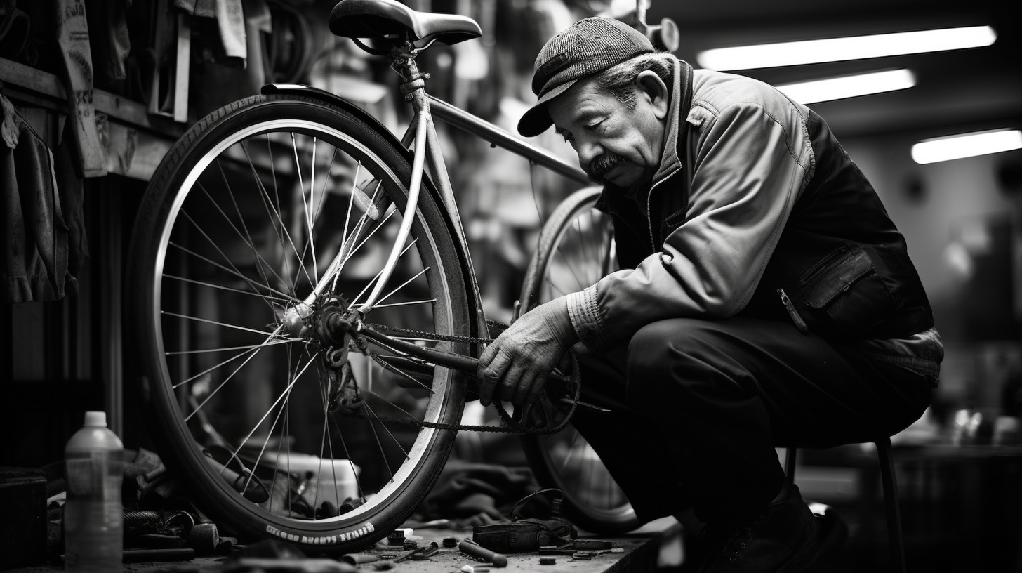 Skilled mechanic repairing electric bicycle in workshop