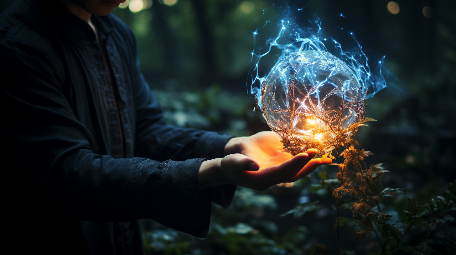 Man holding a bioluminescent creature in a dark forest