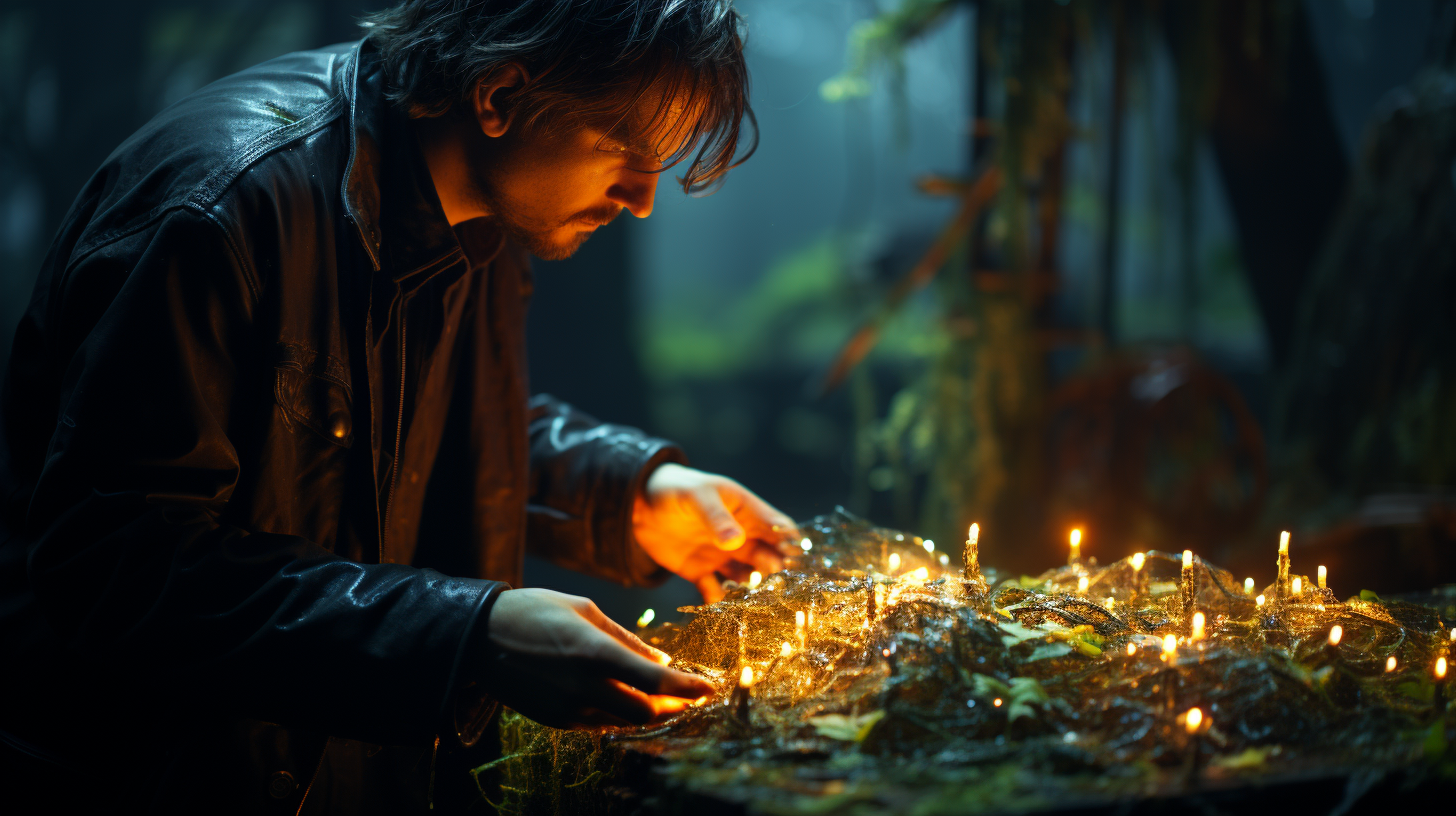 Man holding a bioluminescent creature in a dark forest