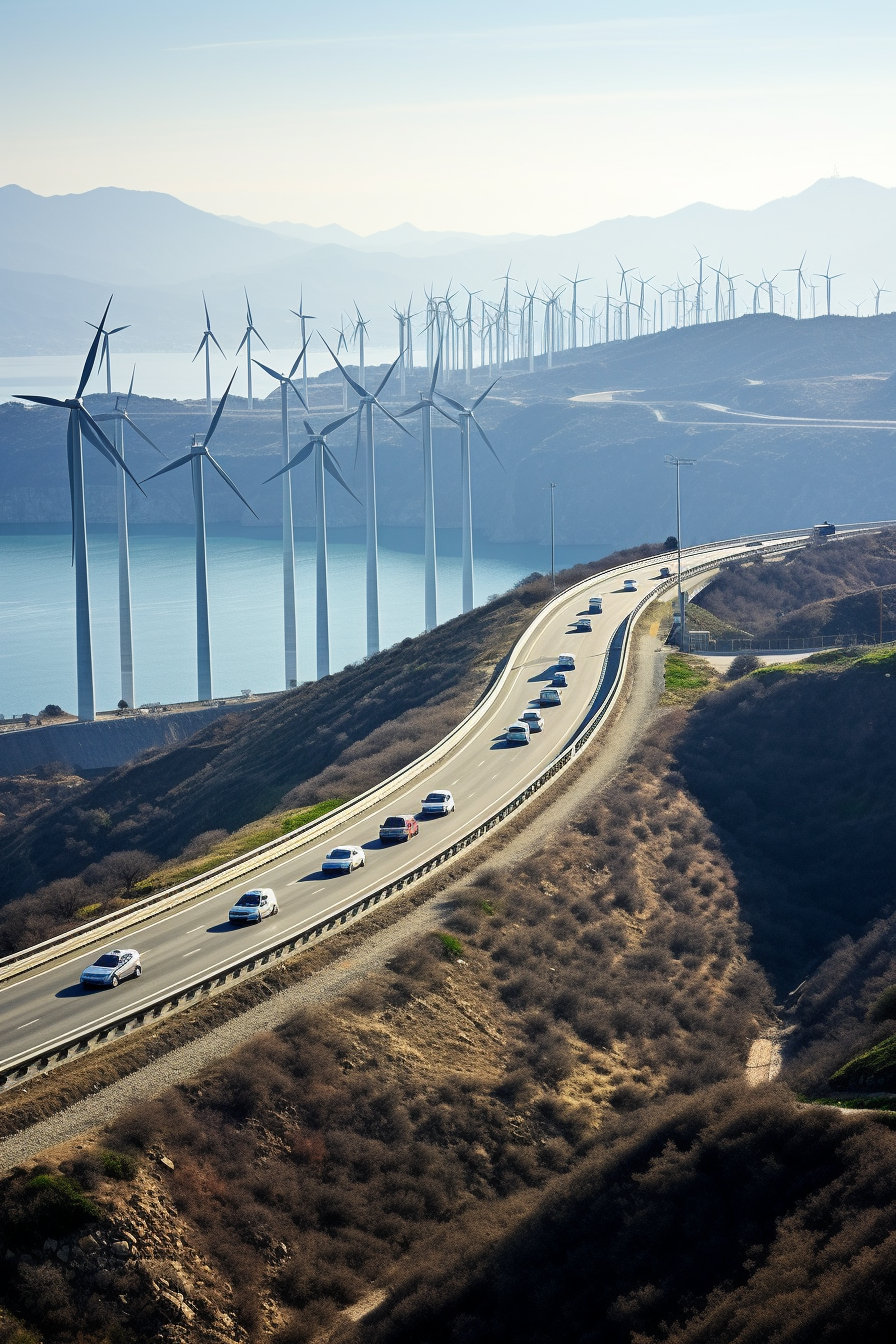 View of Electric Cars and Wind Turbines