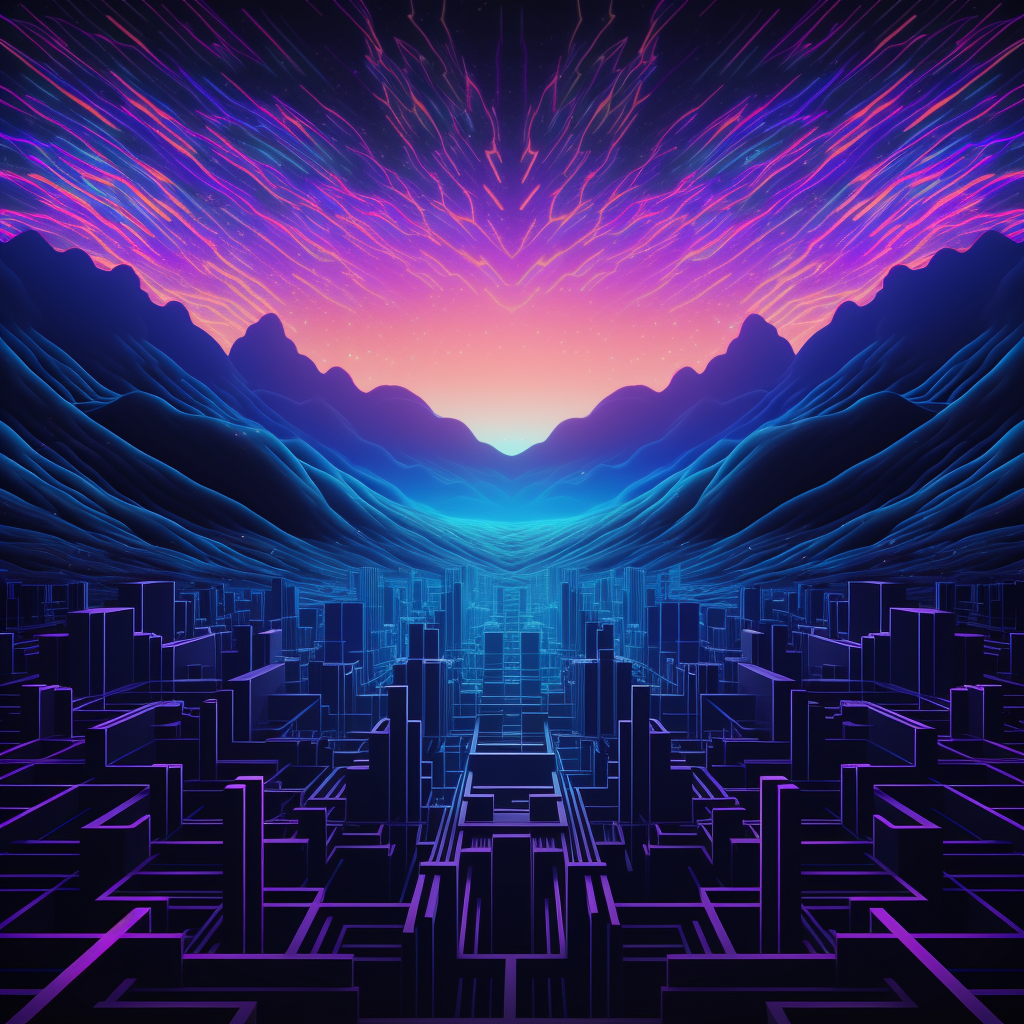 Neon lines merge over landscape.