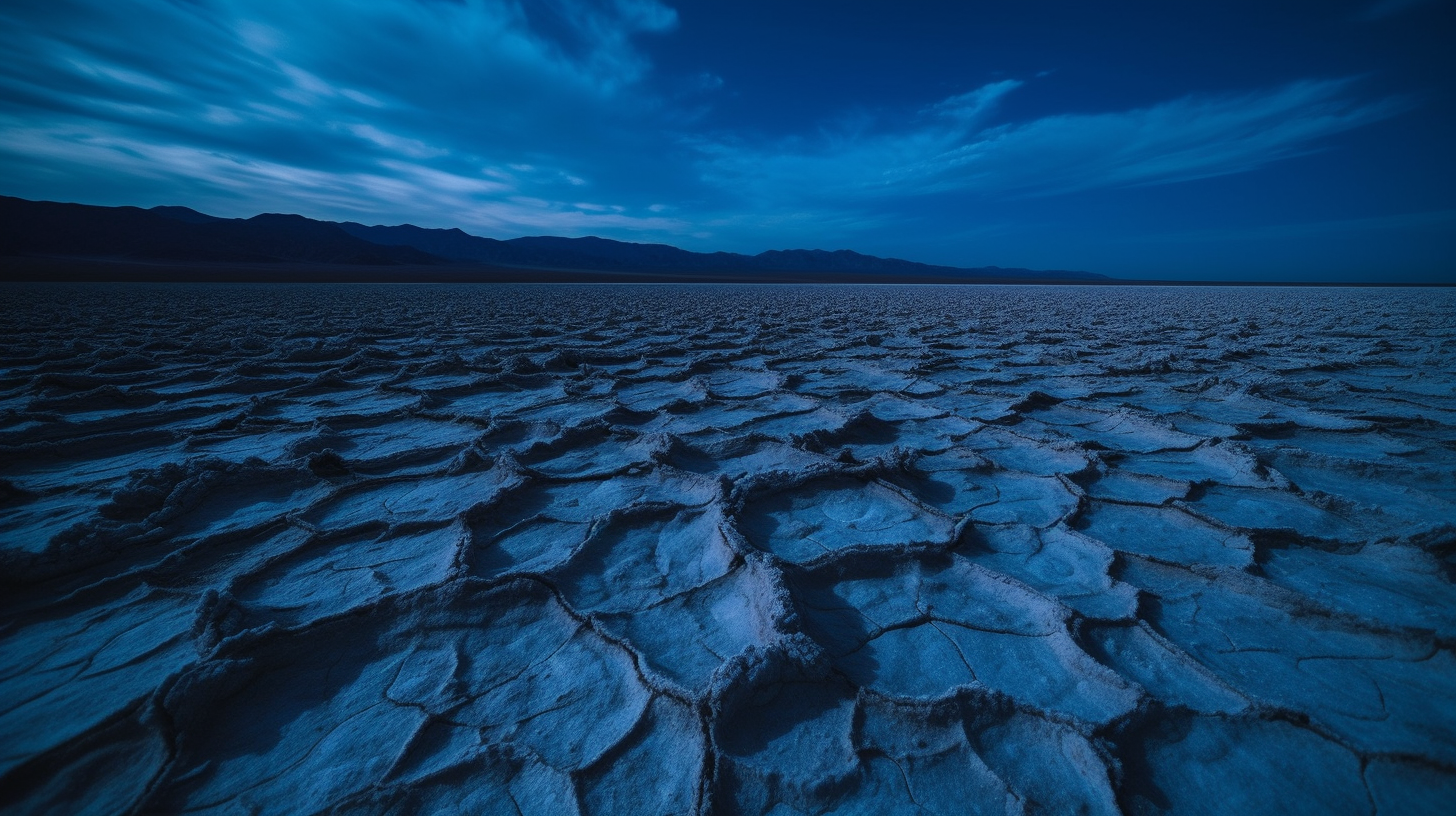 Cracked earth in electric Nevada desert glowing blue