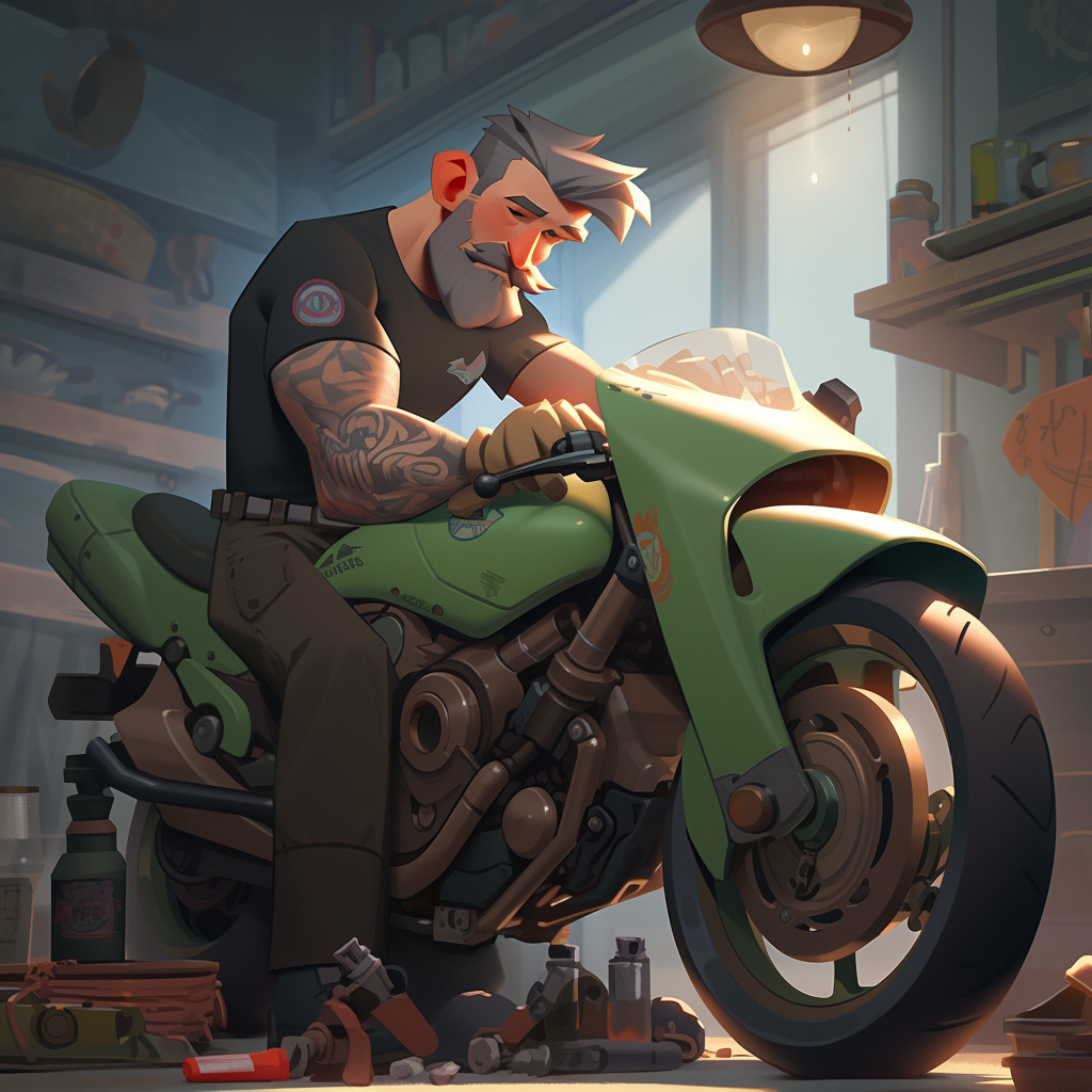 Skilled electric motorcycle technician with moustache and tattoos at work