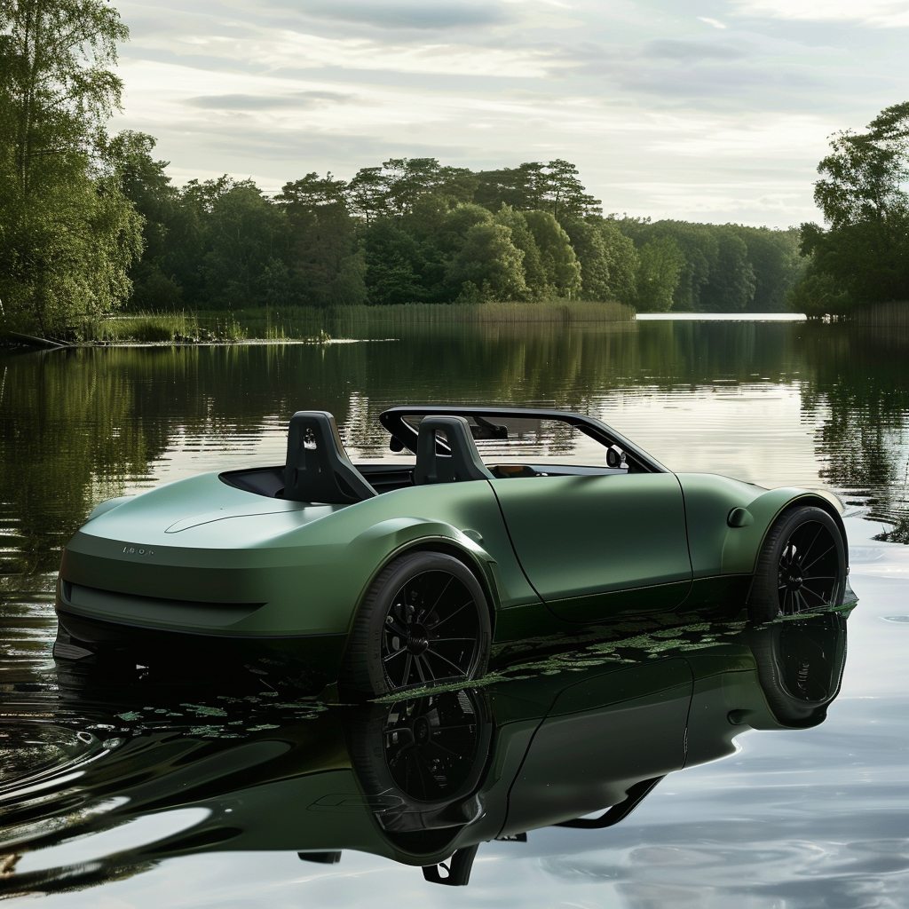 Electric coupe in green lake