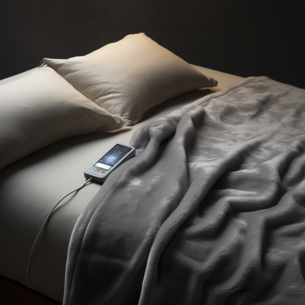 Gray microplush electric blanket on bed