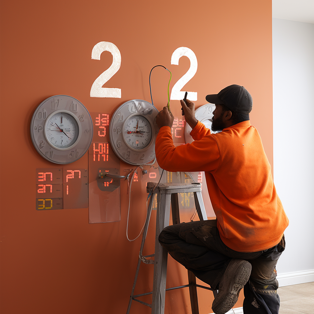 Electrician installing electric clock with 2024 display