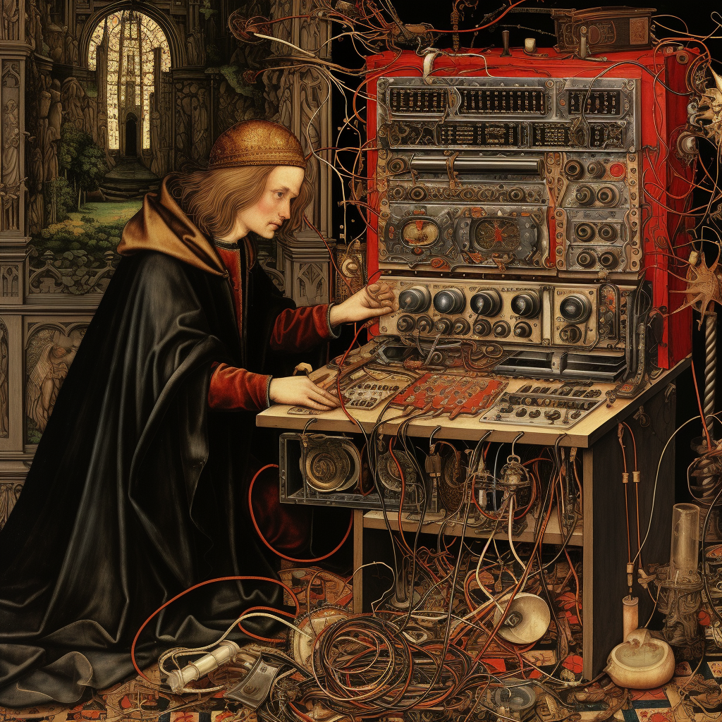 Medieval illuminated manuscript with computer components