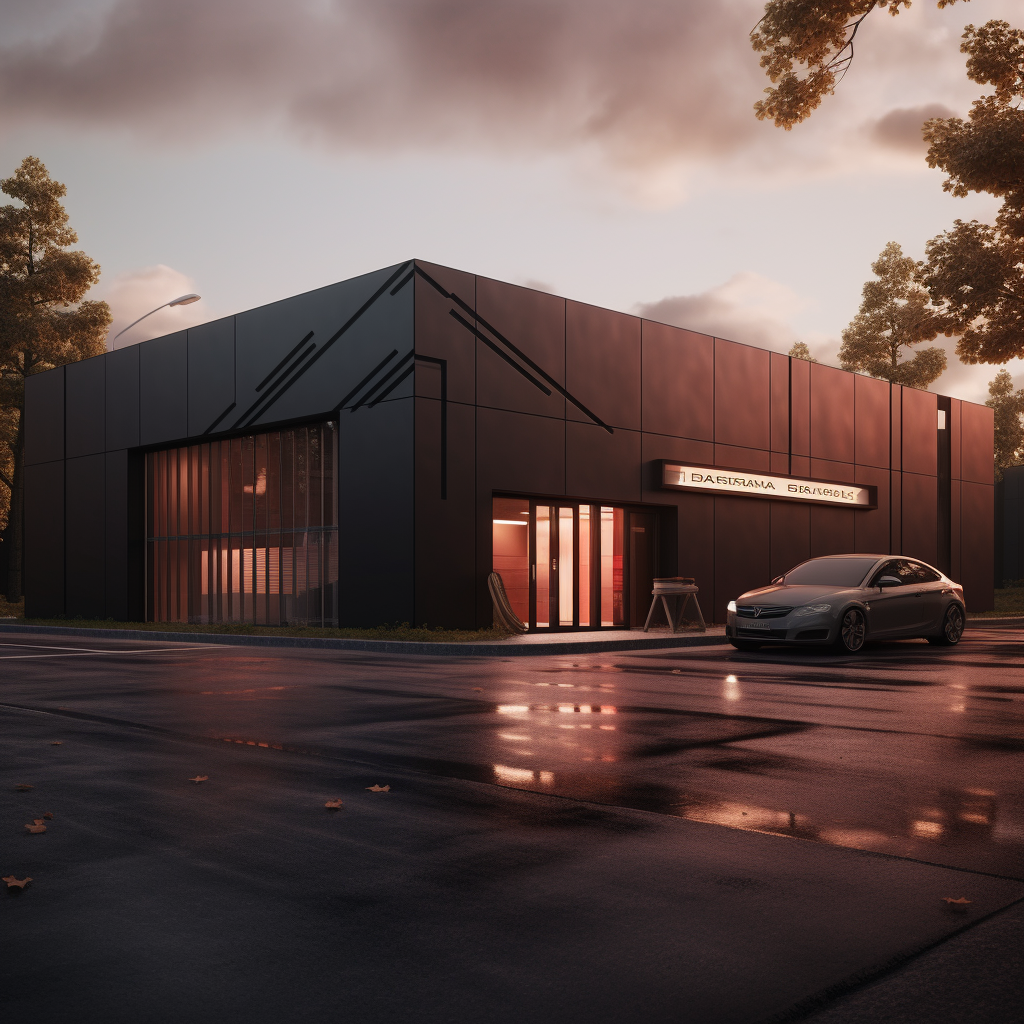 Modern electro workshop building with parking lot