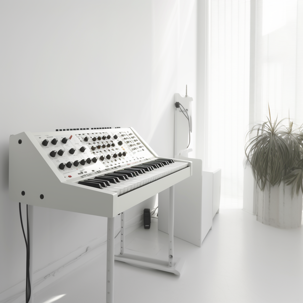 Minimalistic white room with electronic music studio synthesizer