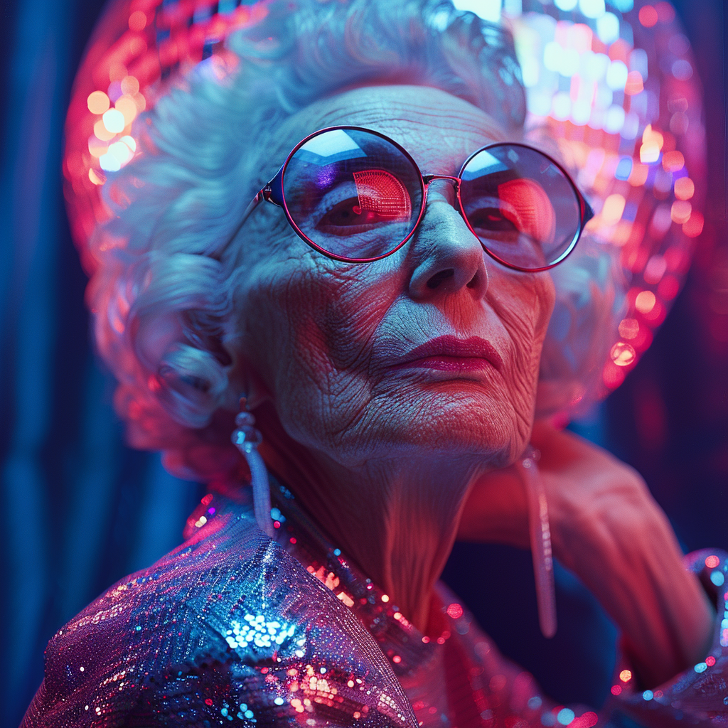 Old woman in neon glasses