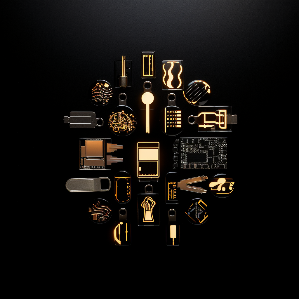 Various electronics keyring on black background