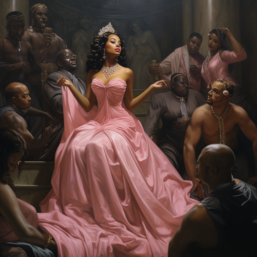 African American woman accepting gifts in pink gown