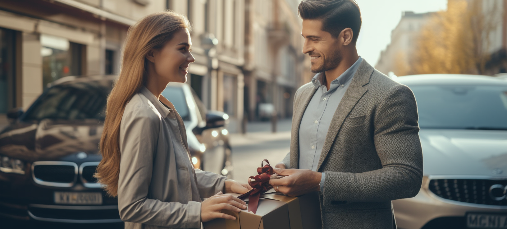 Elegant couple exchange gifts on autumn street