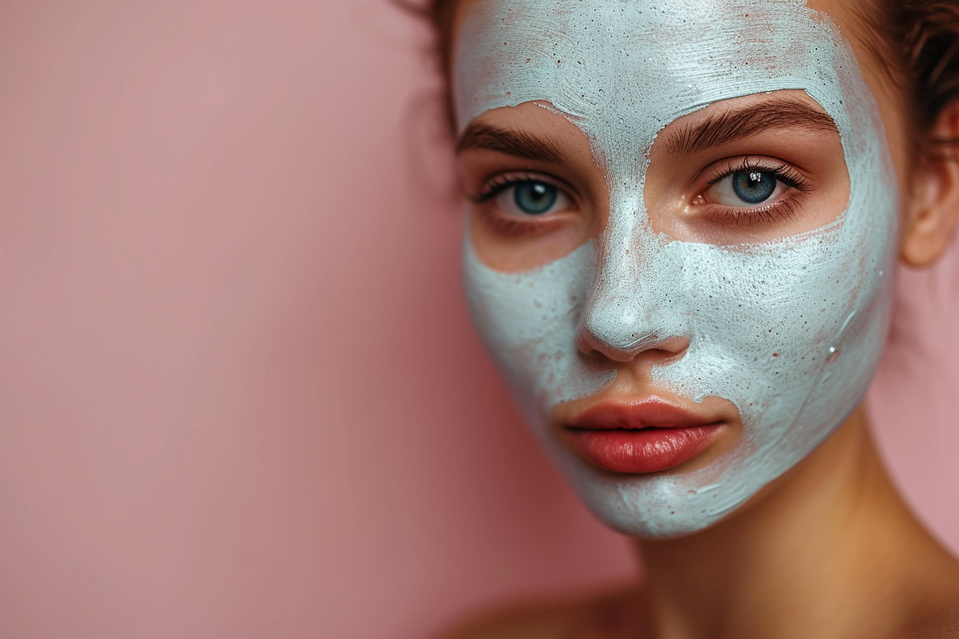 Woman with Cosmetic Mask on Light Pink Background