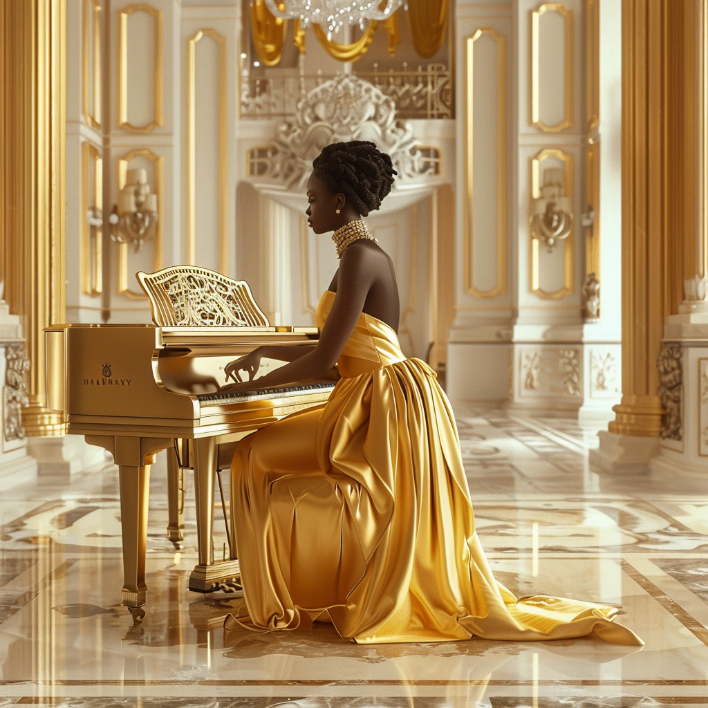 Elegant Black Woman Golden Piano