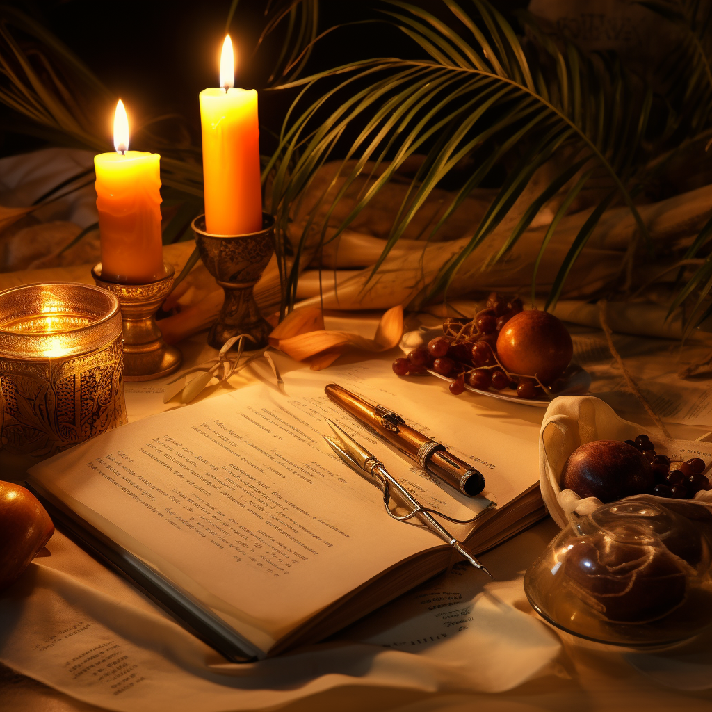 Elegant calligraphy, date palms, and fruits illuminated by candlelight