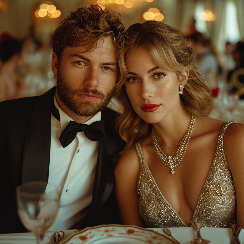 Caucasian couple at elegant party table