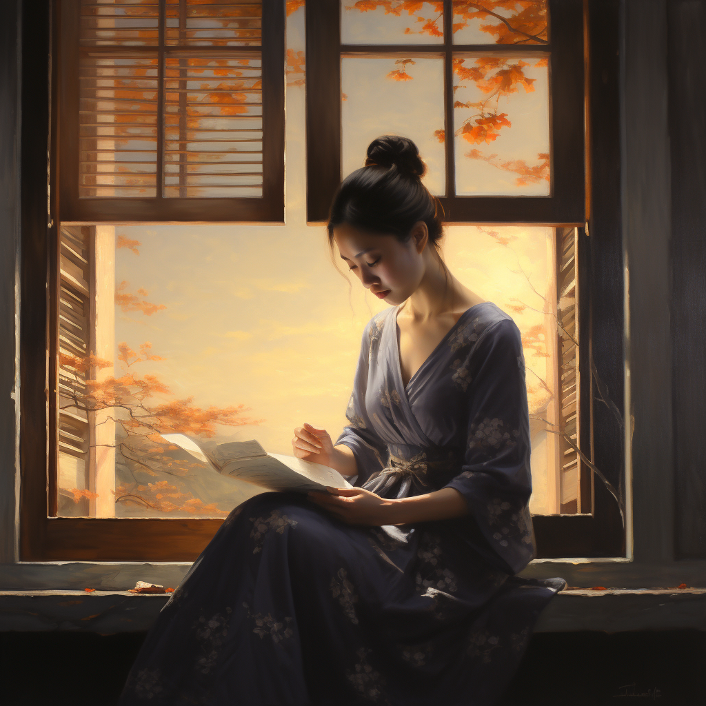 Chinese woman reading by window