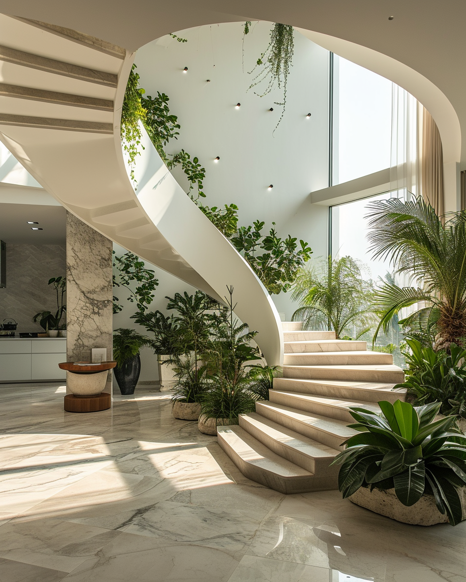 Elegant Circle Organic Staircase with Lush Plants