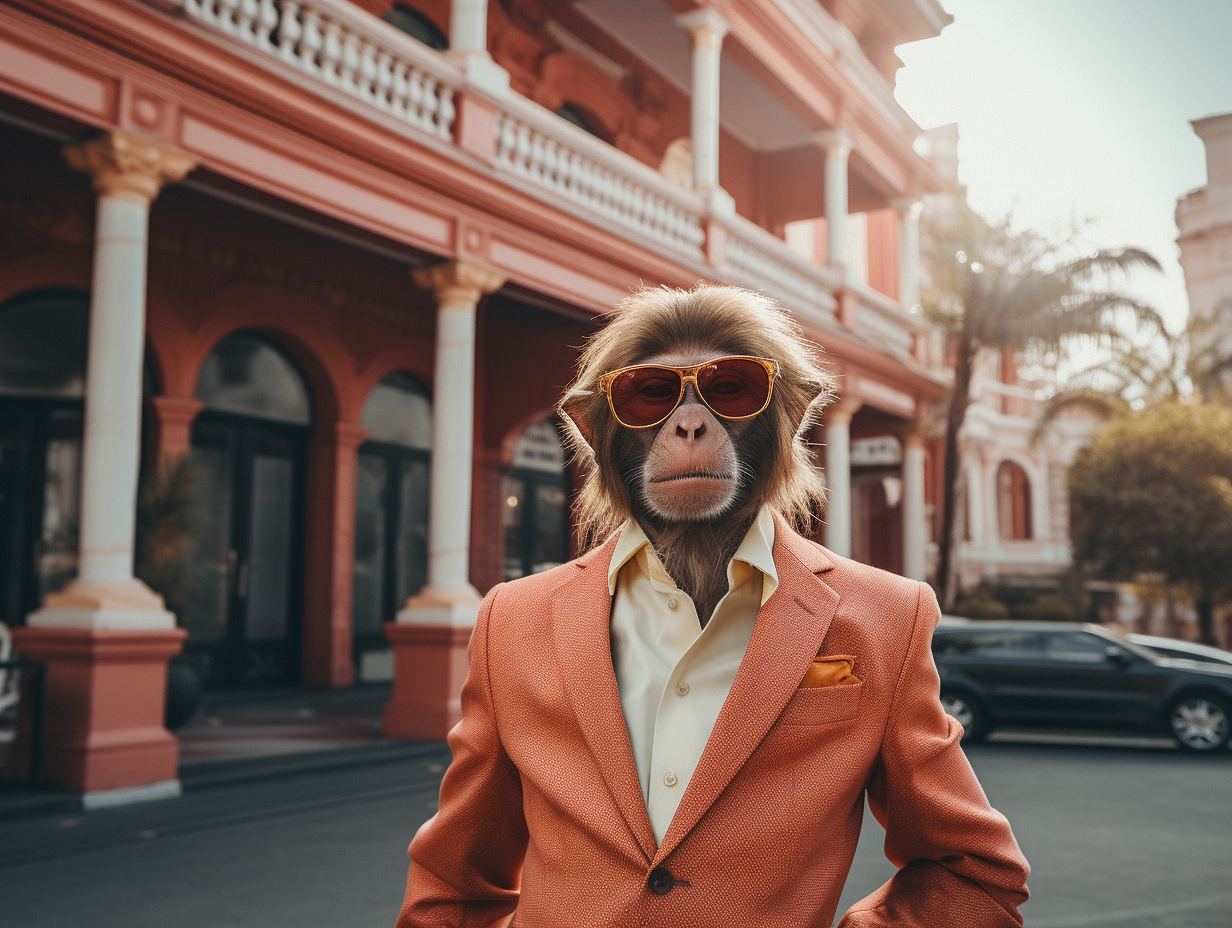 Monkey in elegant clothes on the street