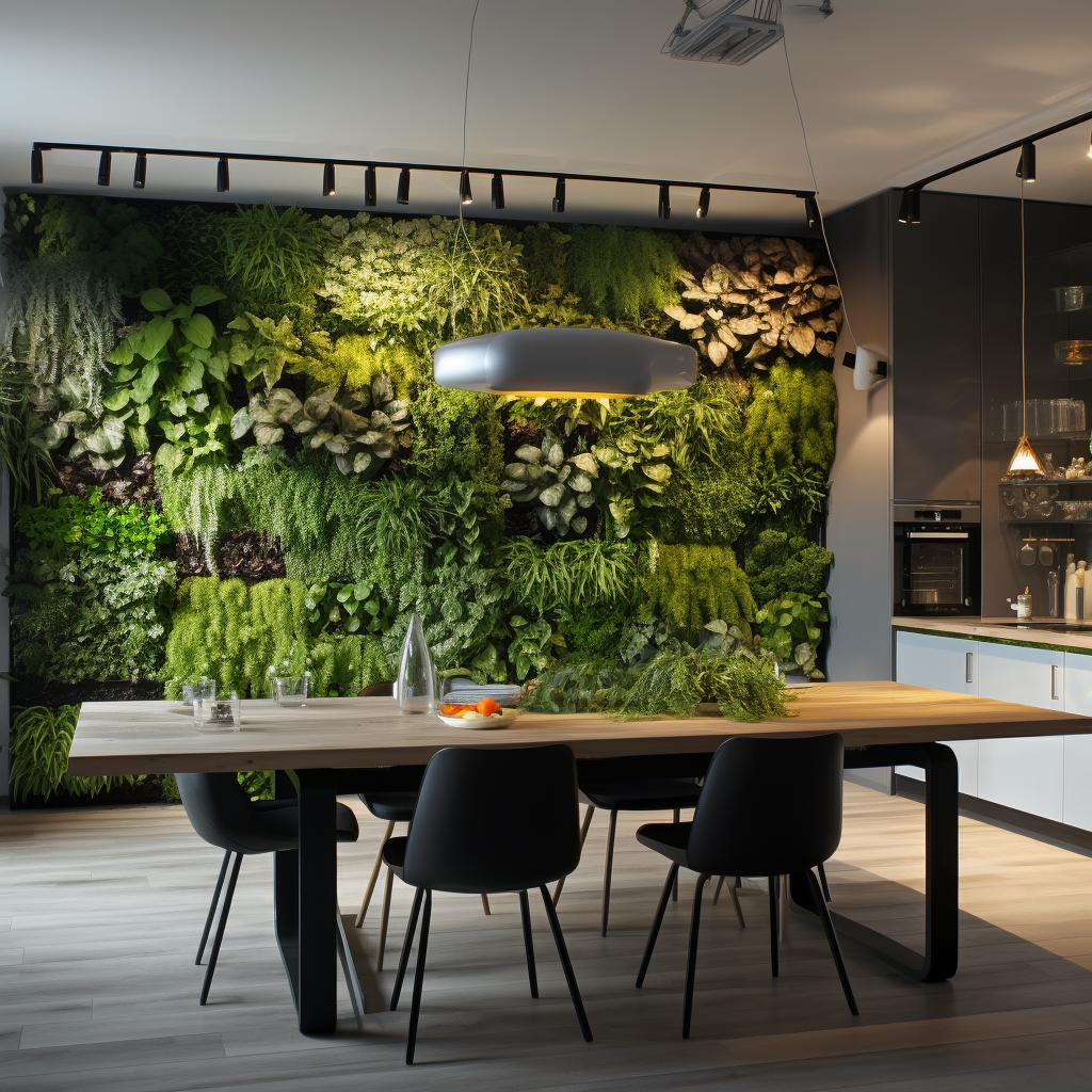 Elegant company kitchen with plant wall