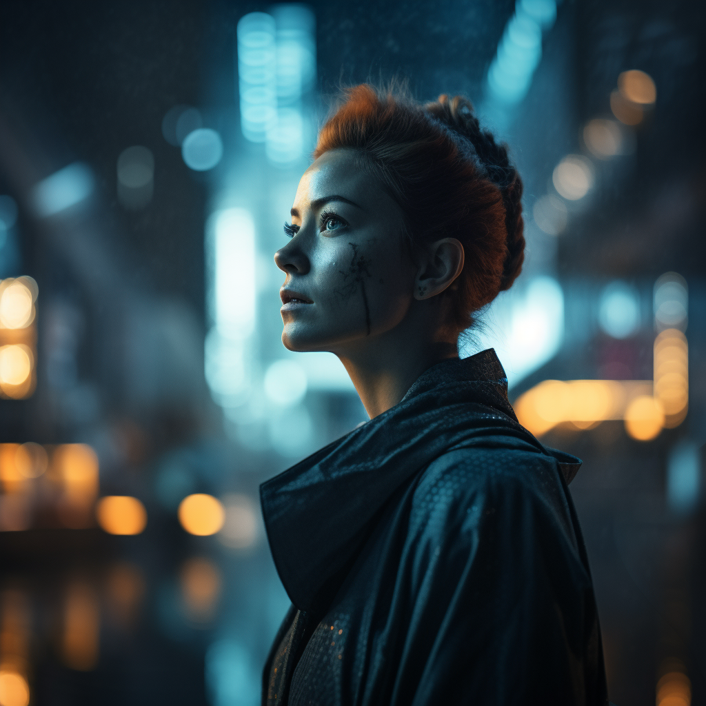 Beautiful woman in cyberpunk night cityscape