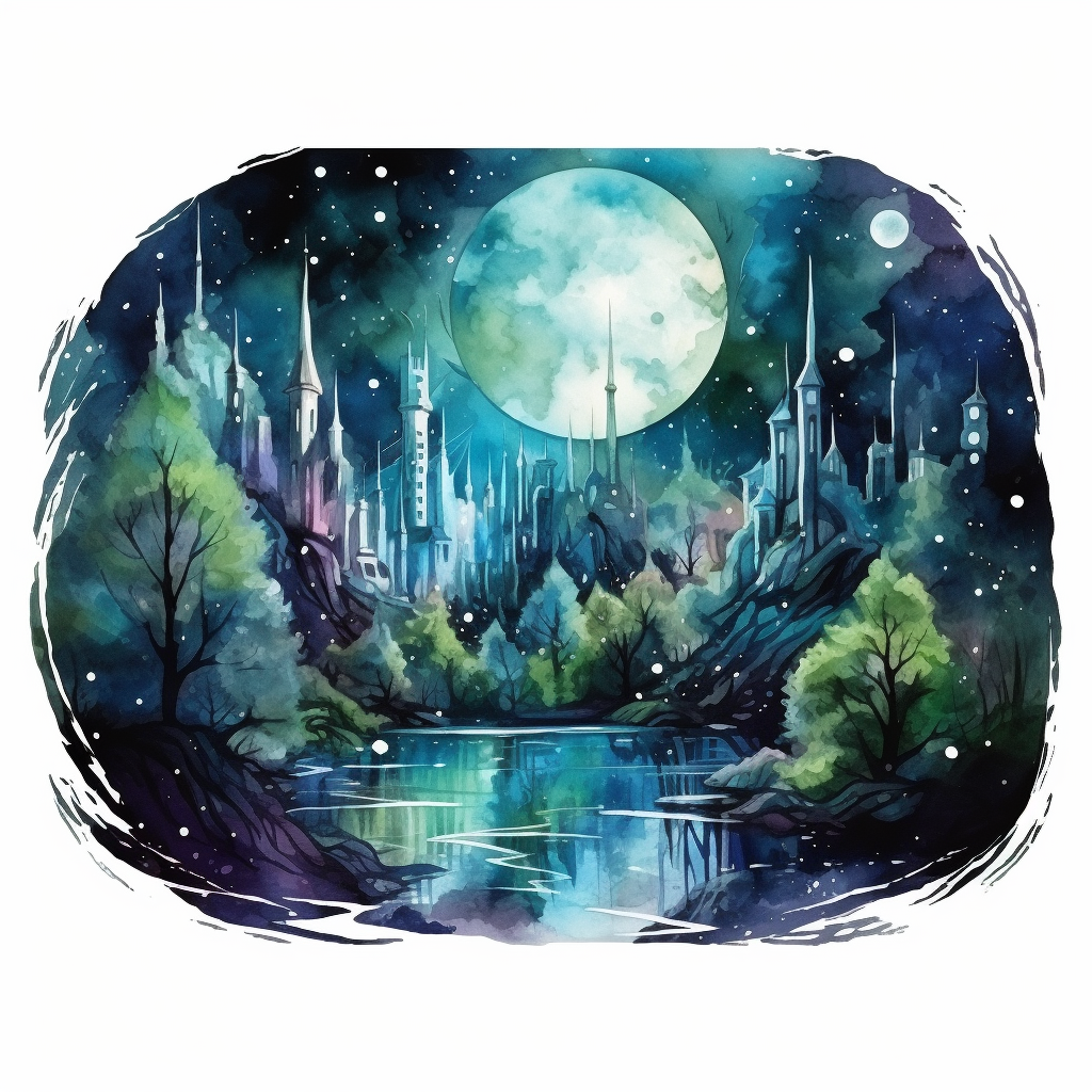 Elegant elves city in a forest at night