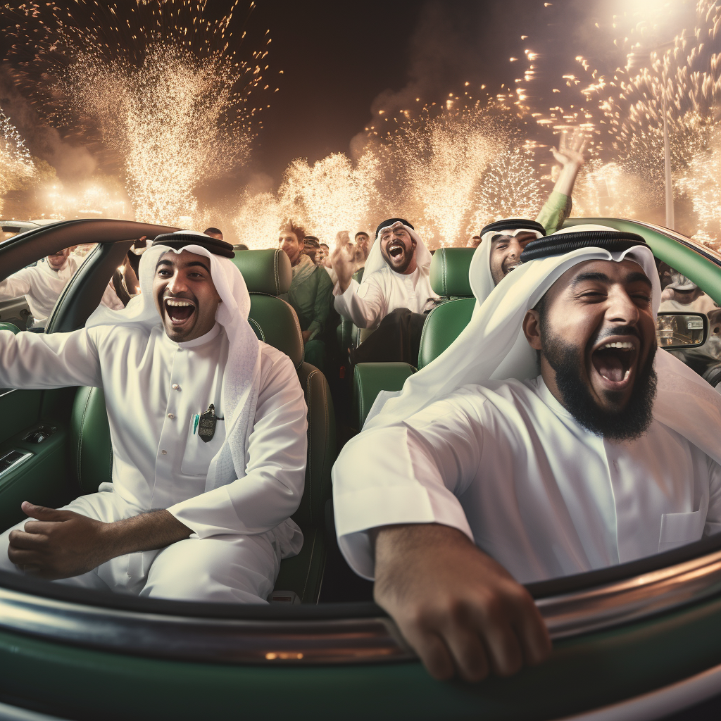 Emirati men celebrating in elegant cars with fireworks