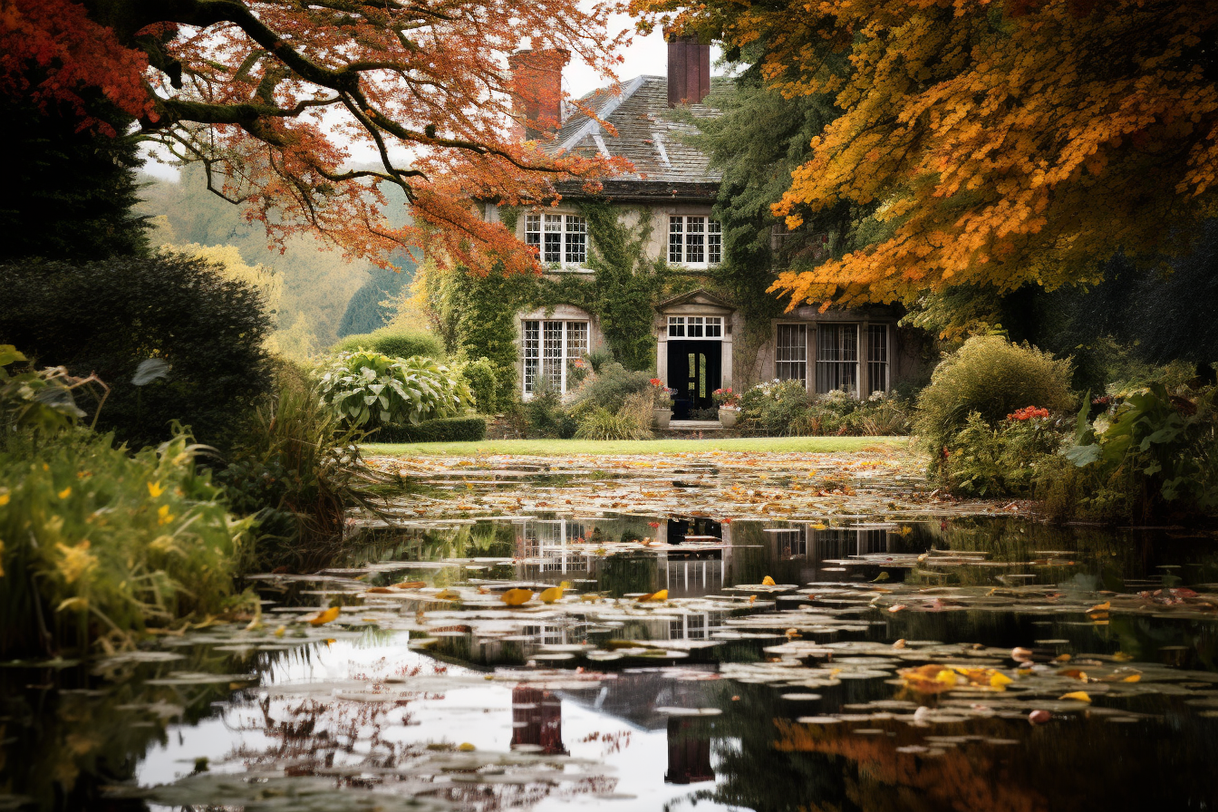 Antique English House with Pond Reflection