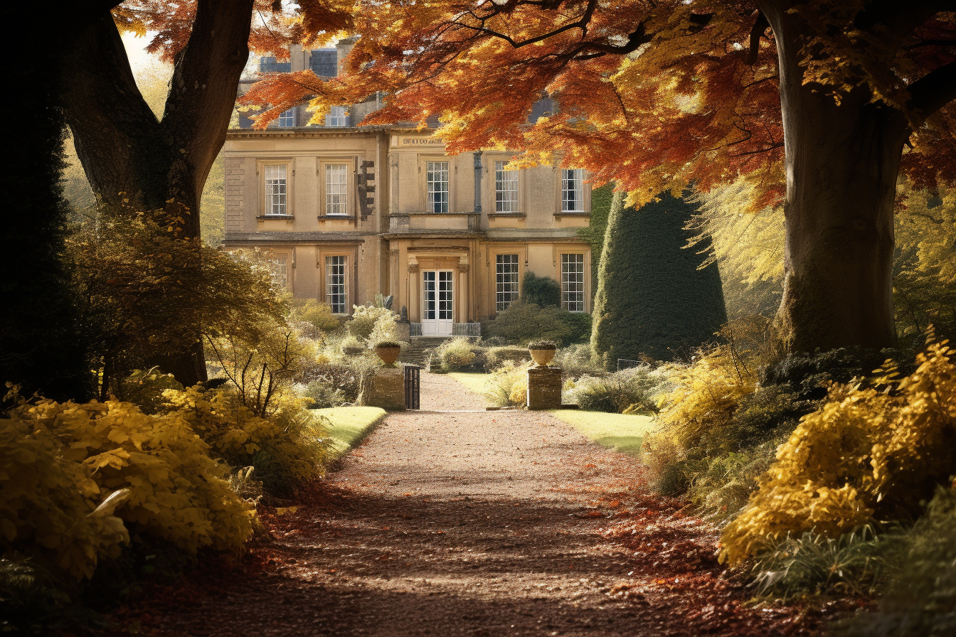 Elegant English Manor with Autumn Leaves