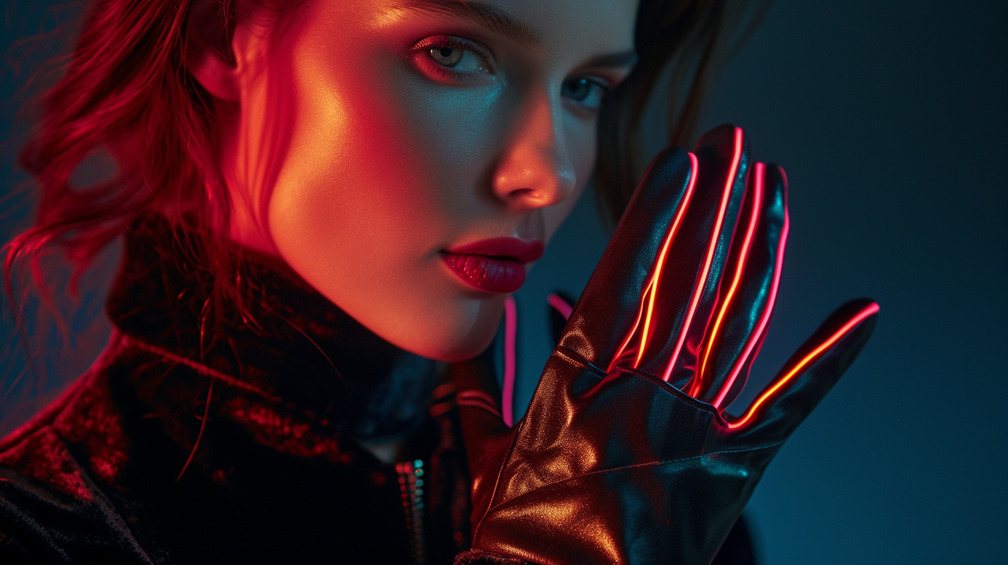 Elegant female gloves in velvet with neon lines