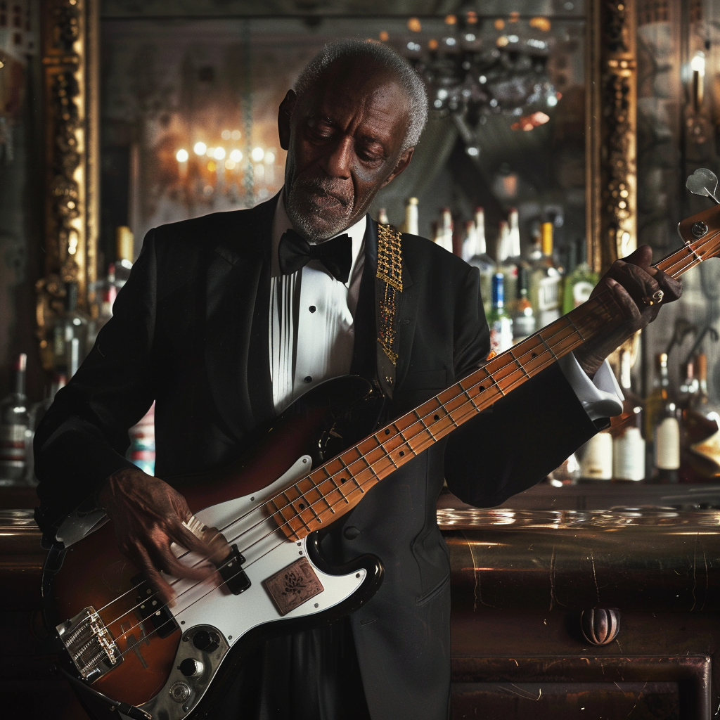 stylish black man bass guitar luxury setting