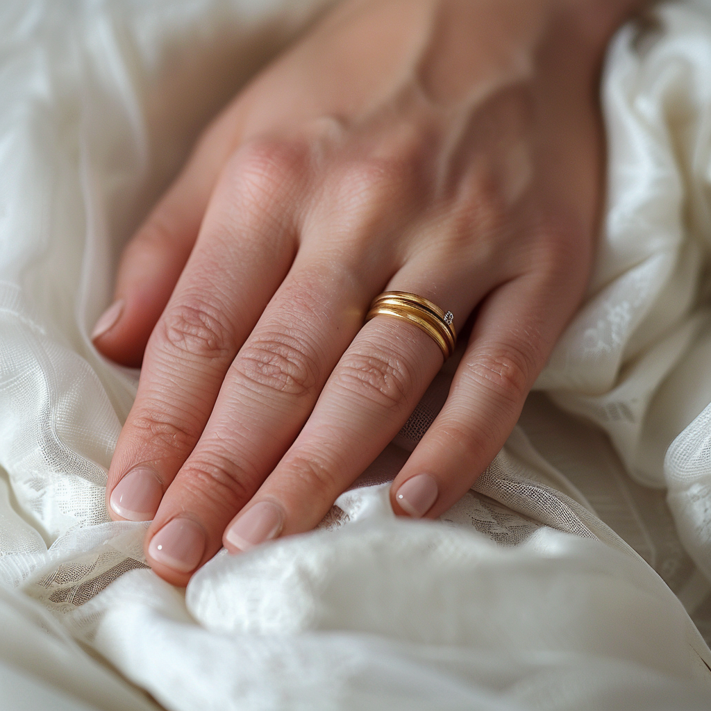 elegant gold wedding bands on wheat skin