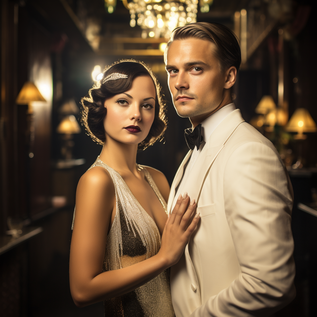 Elegant lady and handsome gentleman at Gatsby-themed party ?