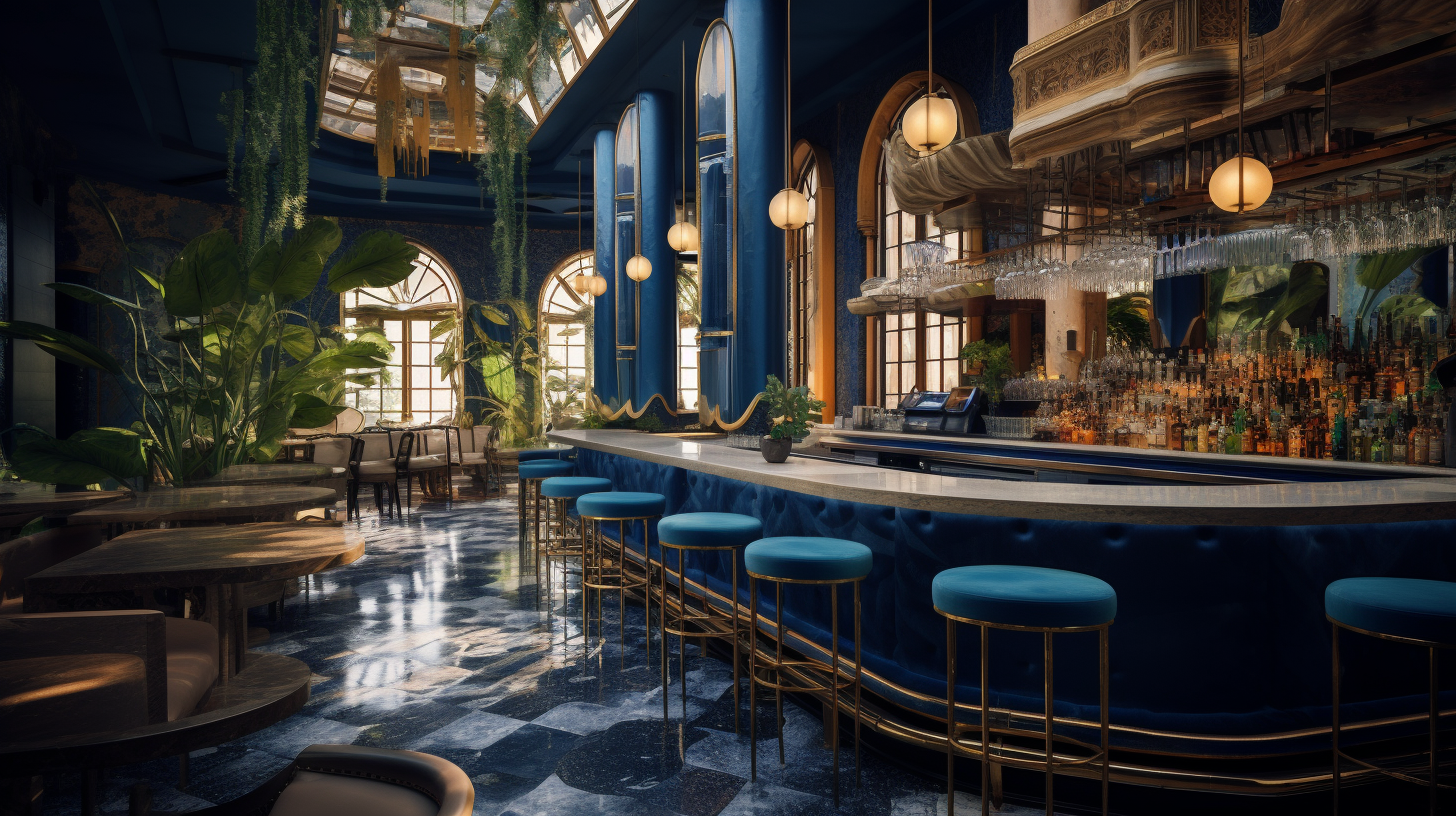 Elegant bar at luxury hotel with indigo blue and dark green decorations