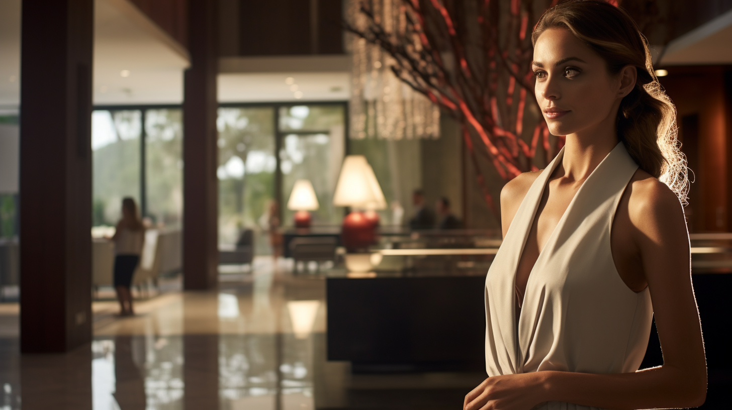 Photorealistic elegant hotel lobby with a beautiful woman